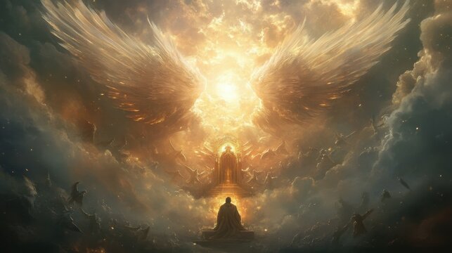 Isaiah&acirc;&euro;&trade;s Vision of the Lord: A throne surrounded by seraphim with six wings, as Isaiah trembles before the divine presence.