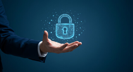Cyber security concept businessman holding digital padlock data protection privacy and network security