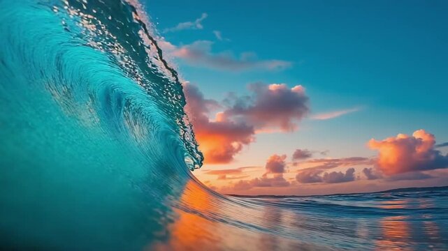 Dreamlike dawn ocean, giant spiral wave approaching viewer, white sea forming artistic patterns, soft blue ocean, pink and coral sunrise sky, calm surreal mood, cinematic atmosphere, hyperrealism