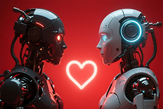 One bad robot and one good robot face each other, red color background, artificial intelligence ai technology concept