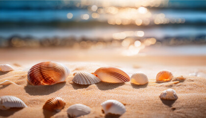 seashells lying on sandy beach with sunlight reflections in water background creating a tranquil coastal scene