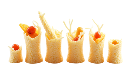 A creative arrangement of colorful snacks in various shapes and sizes, showcasing vibrant ingredients against a clean background