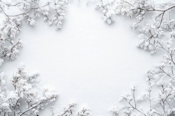 Snowy branches frame a pristine white background