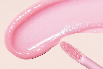 Close-up of a pink lip gloss swatch with applicator on light background. Glossy texture, shimmer effect and modern styling perfect for cosmetics ads, beauty blogs, and skincare branding..