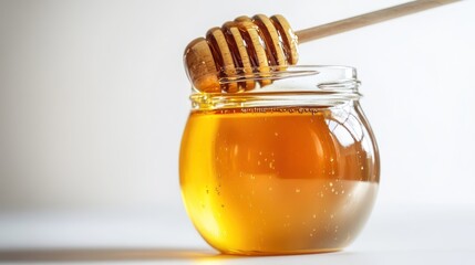 A beautifully composed image of a glass jar filled with golden honey rich clean white background soft reflections
