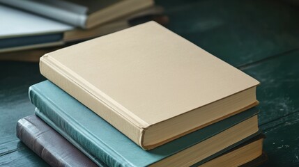 A blank book cover resting on a stack of textbooks.
