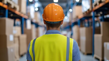 Worker in Safety Gear Observing Warehouse Shelves and Cardboard Boxes
