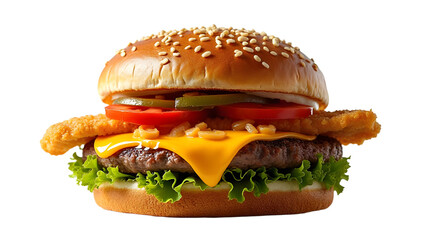 A delicious cheeseburger featuring a juicy beef patty, melted cheese, fresh vegetables, and crispy chicken, set against a clean background