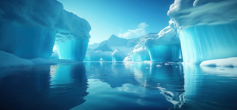 Antarctic icebergs reflect in calm water; glacial landscape