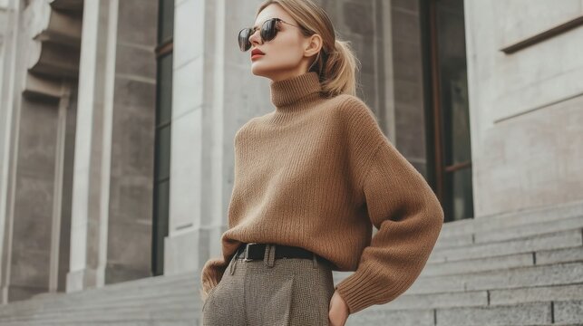 woman wearing mocha mousse colored cashmere sweater paired with tweed trousers, fashion forward urban style, 2025 color