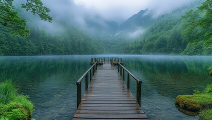 Fototapeta premium Misty Lake Wooden Dock View.