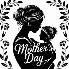 Mother's Day Silhouette of Mother Holding Child with Floral Frame – Vector Illustration

