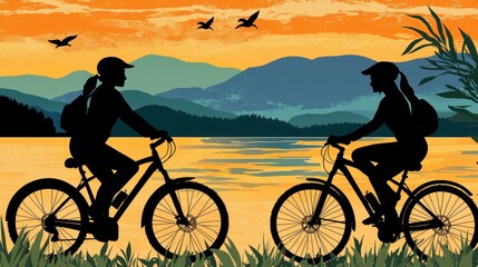 Obraz premium Two Cyclists Silhouette at Sunset Lakeside Mountain View