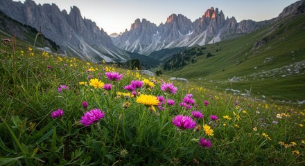 Obraz premium Vibrant wildflowers in alpine valley at sunset with stunning mountain backdrop.