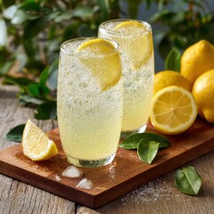 A refreshing lemonade spritzer with effervescent bubbles