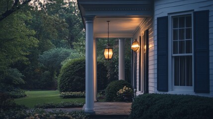 A white house with columns has a lantern hanging on its porch. [b631aee8-34f9-4695-bd24-a2f4a086828c] --ar 16:9 --v 6.1 Job ID: 2272d863-5365-452b-87e6-3f893eea566f