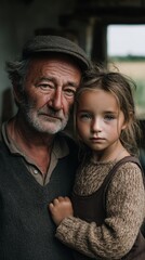 Fototapeta premium Elderly man embracing young girl in rustic setting during daylight hours in a countryside environment