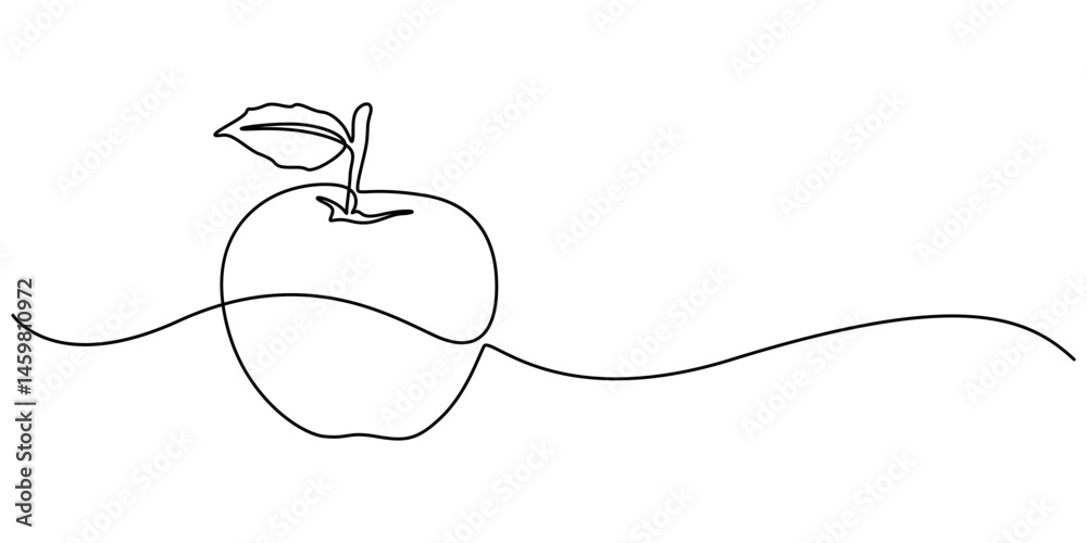Poster apple with leaf continuous one line drawing, black and white, continuous one line drawing of an appl