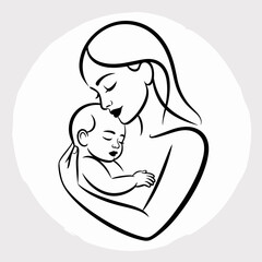 Mother's Day Silhouette of Mother Holding Child with Floral Frame – Vector Illustration
