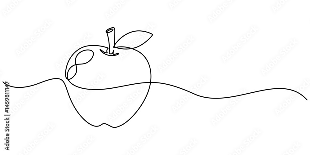 Poster apple with leaf continuous one line drawing, black and white, continuous one line drawing of an appl