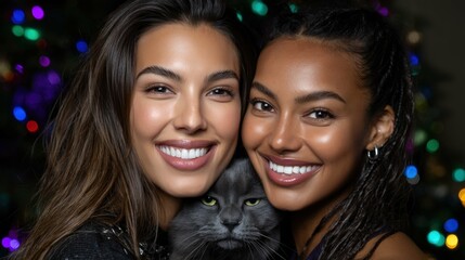 Festive photoshoot with cats, National Hug Your Cat Day, friend, child, together, sister, teen, brunette, hair