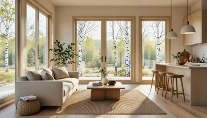 Fototapeta premium Sunlight streams into a modern living room with large windows overlooking a birch forest, showcasing a minimalist interior with natural wood tones, a comfortable sofa, and an inviting kitchen area.