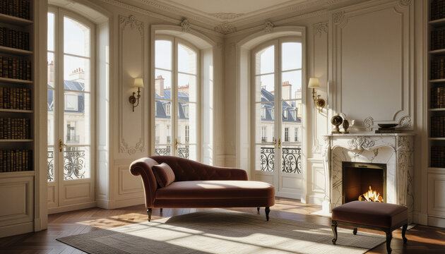 This interior design image showcases a luxurious Parisian apartment featuring a cozy reading nook with a fireplace, bookshelves, and large windows overlooking a city view.