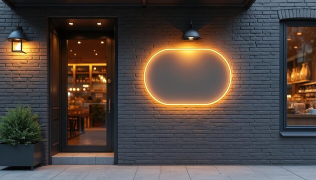 Exterior view of shop restaurant with blank signage. Empty neon sign on brick wall. Cafe entrance, business, promotion, branding concept. Advertisement, marketing. Bakery, bistro bar front. Evening