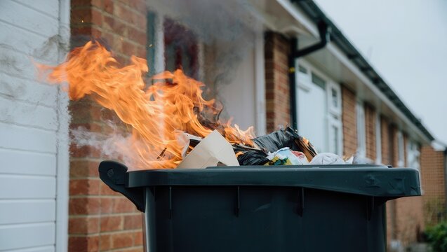 A garbage bin ignites with flames and smoke in front of a brick residential building on an overcast morning, emphasizing a fire hazard in urban settings