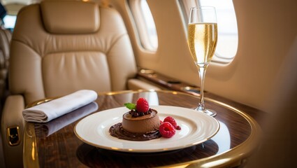 Indulging in a rich chocolate dessert garnished with fresh raspberries while enjoying a glass of champagne aboard a private jet, with luxurious interior surroundings