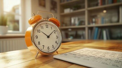 Vintage Alarm Clock on Wooden Desk with Calendar, Time Management Concept
