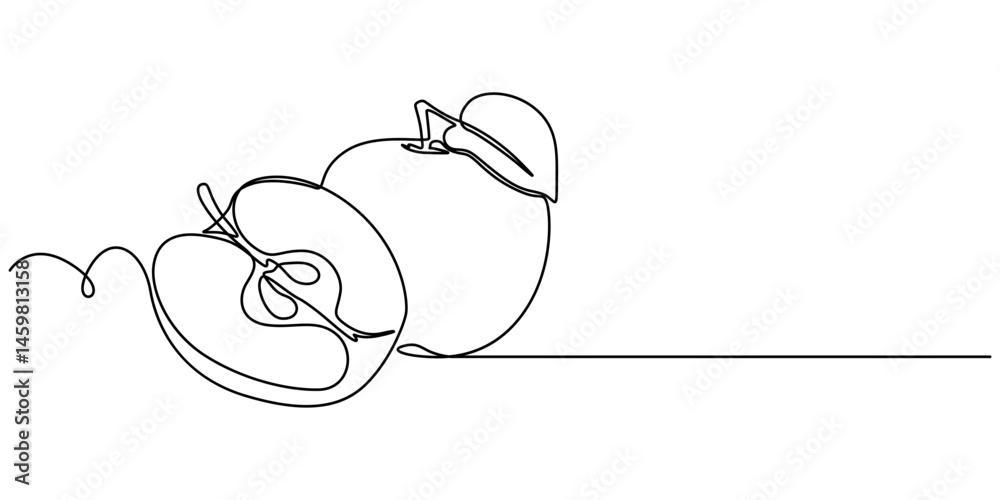 Poster apple with leaf continuous one line drawing, black and white, continuous one line drawing of an appl