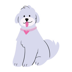 Cute South Russian Shepherd Dog doodle illustration. Fluffy white dog with tongue out and heart collar, cartoon-style and friendly look. Perfect for pet-themed designs, kids’ decor, or dog lover conte