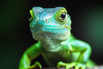 Fototapeta premium Close-up of a vibrant green lizard, its scales and large eyes detailed against a dark background