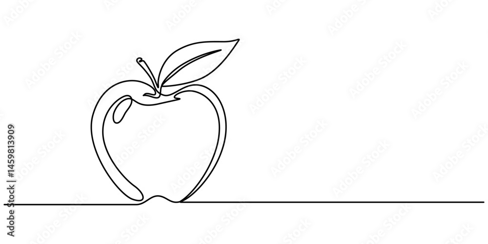 Poster apple with leaf continuous one line drawing, black and white, continuous one line drawing of an appl
