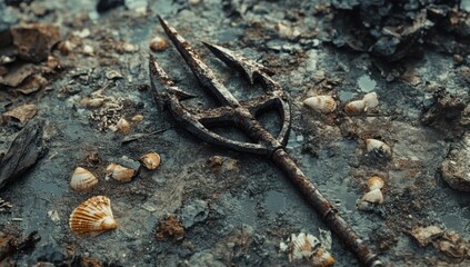 Rusty trident unearthed on muddy shore
