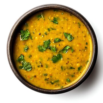 yellow moong dal in a wooden bowl, garnished with coriander leaves and chili