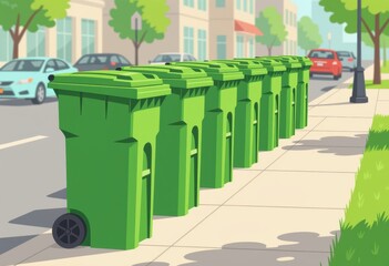 Row of green trash bins lined up on a city sidewalk