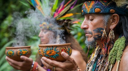 Indigenous people in ceremony, offering incense