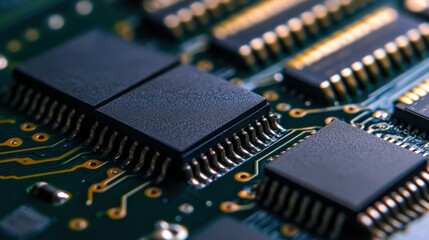 Close up of a computer chip on a circuit board Ideal for technology and electronics concepts
