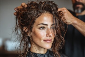 Woman enjoying a hairstyling session at a modern salon in the afternoon light