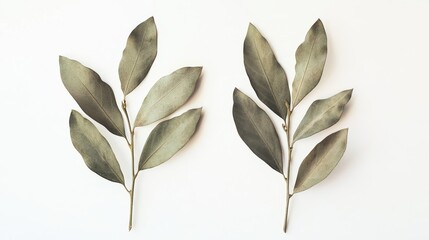 Obraz premium Close-up of two leafy olive branches against a white backdrop. 
