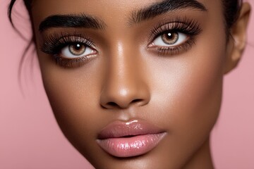 Fototapeta premium Captivating beauty close-up of a model showcasing flawless makeup and striking features under soft lighting