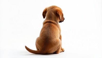 Small brown puppy sits, viewed from behind. Cute doggy with fluffy fur, floppy ears, curled tail isolated on white background. Young playful pet, adorable animal. Ideal for pet lovers, veterinary