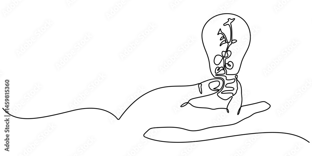 Poster one line drawing of hand holding a light bulb. symbol of creativity and invention, continuous line d