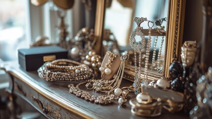 Elegant jewelry and accessories are arranged on a dressing table.  The display is stylish and beautifully lit.

