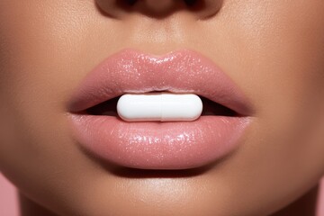 Naklejka premium Glossy lips holding a pill against a soft pink background in a close-up shot