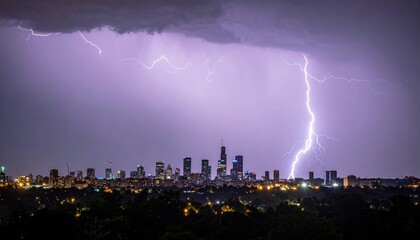 Naklejka premium Dramatic cityscape silhouette illuminated by electrifying lightning display at night