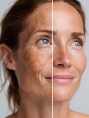 Before and after skin treatment effects on woman with visible improvement in skin tone and texture at home