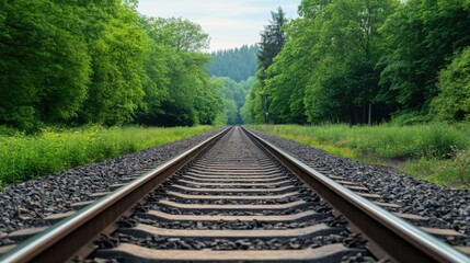 Obraz premium Tranquil Train Tracks Surrounded by Lush Green Forest Scenery in Nature
